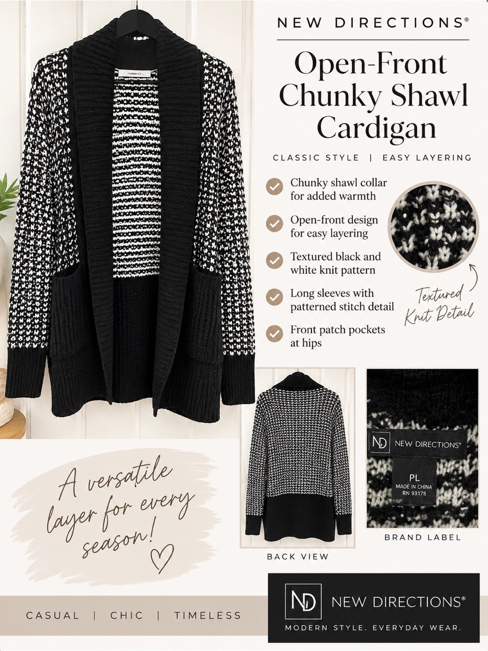 New Directions Black & White Chunky Shawl Collar Cardigan